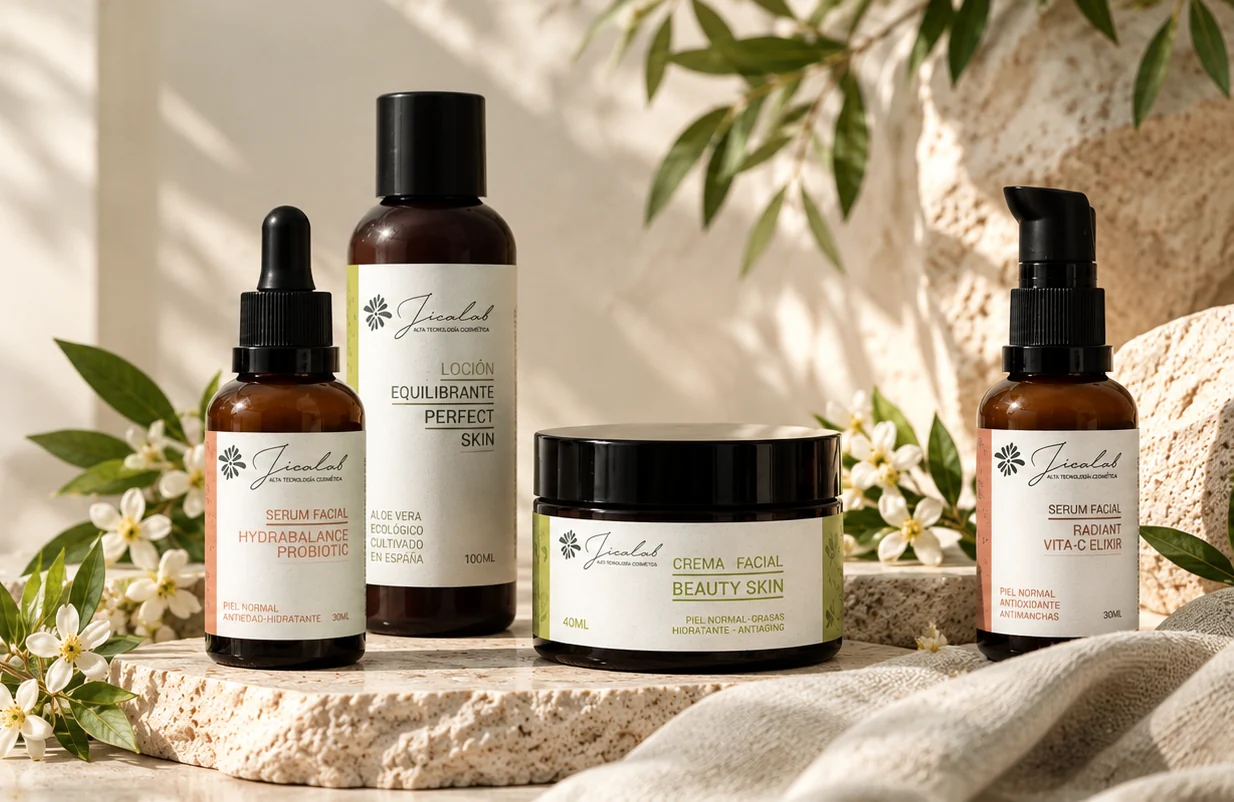 Sérum HydraBalance Probiotic, loción Perfect Skin, crema Beauty Skin y sérum Radiant Vita-C Elixir de JICALAB