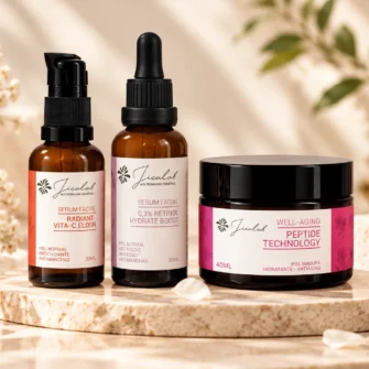Pack Antiedad + Manchas de JICALAB con el sérum Radiant Vita-C Elixir, el sérum Retinol Hydrate Boost y la crema Well Aging Peptide Technology