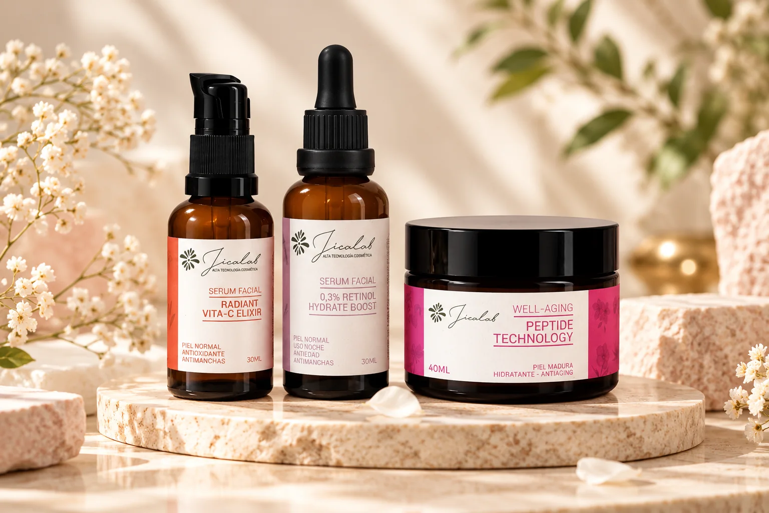 Pack Antiedad + Manchas de JICALAB con el sérum Radiant Vita-C Elixir, el sérum Retinol Hydrate Boost y la crema Well Aging Peptide Technology