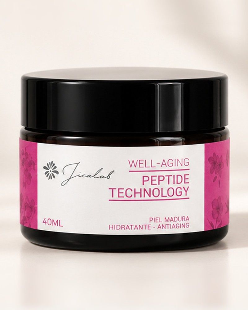 Tarro de la crema Well Aging Peptide Technology de JICALAB de 40 ml sobre fondo claro