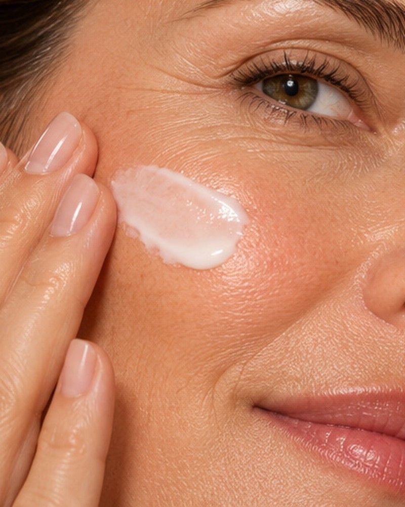 Mujer aplicándose la crema Well Aging Peptide Technology en la mejilla